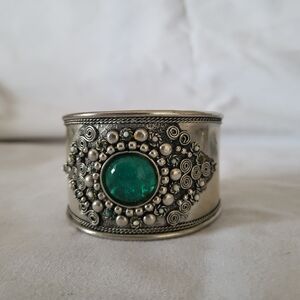 Ornate Silver-Color Cuff Bracelet with Green Cabochon